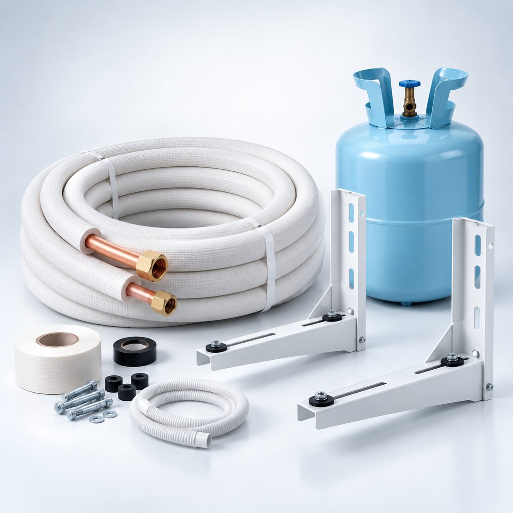 Kit de tuberías de cobre, soportes y bombona de refrigerante